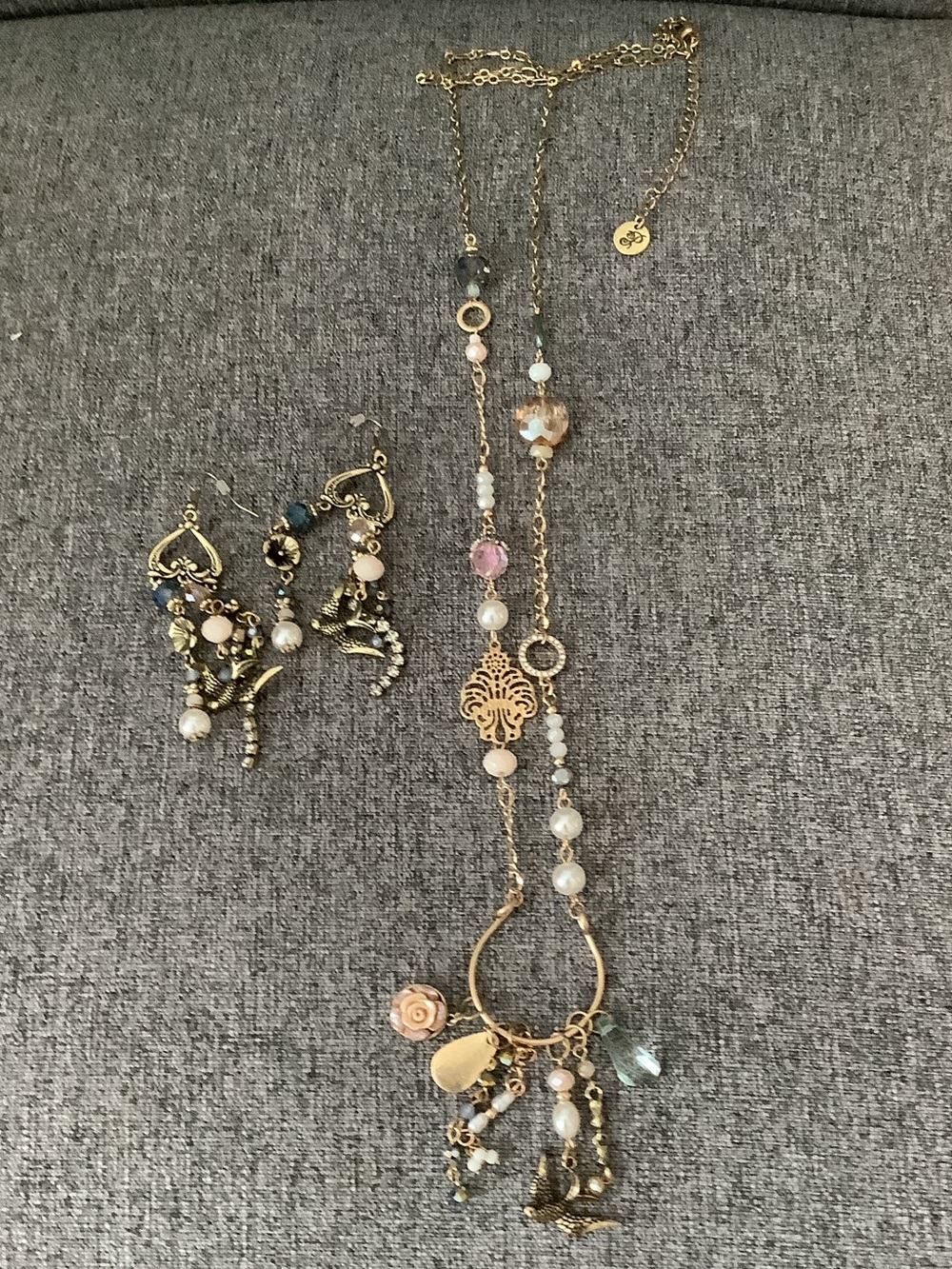 Plunder Gold-Tone Multi-Charm Necklace and Earrings with Pink & Blue Accents